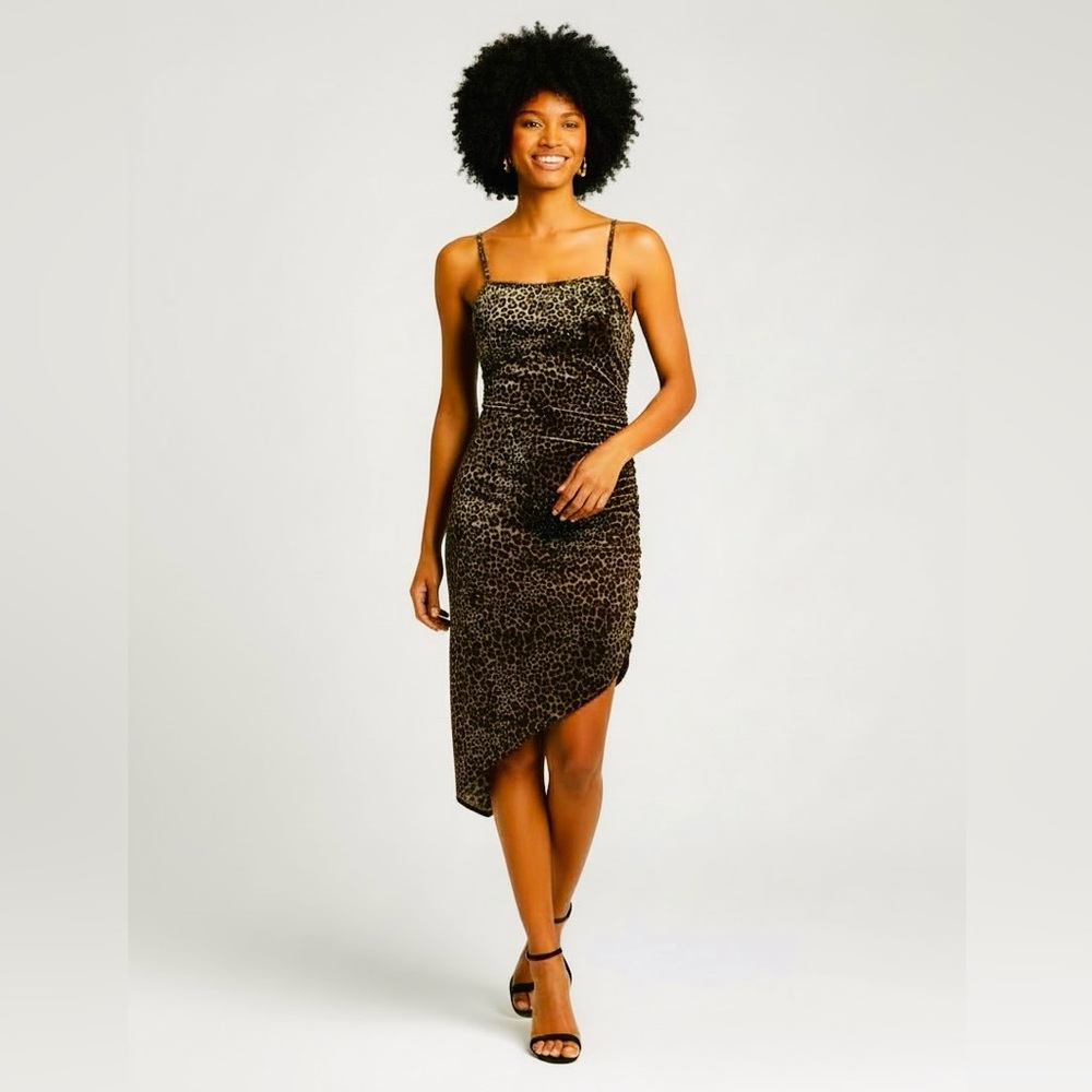 Leopard Print Velvet Dress Asymmetrical Hem Sparkle Evening Dress sz XS - Picture 3 of 4